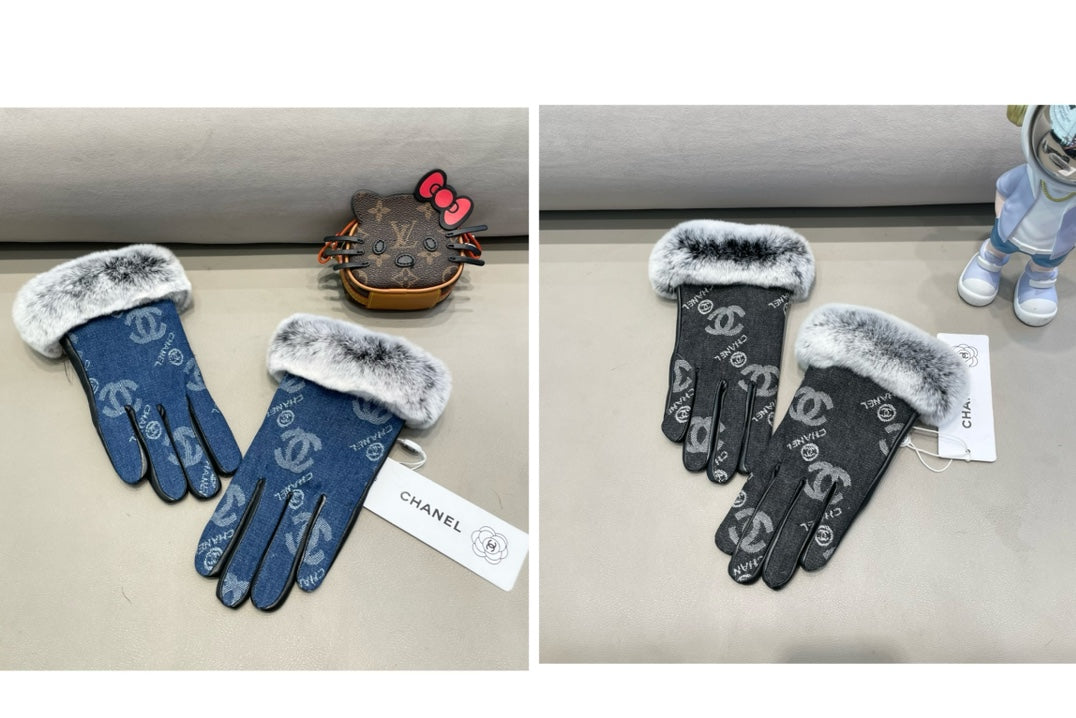 CHANEL GLOVES IN NAVY BLUE DENIM AND BLACK CALFSKIN 463798