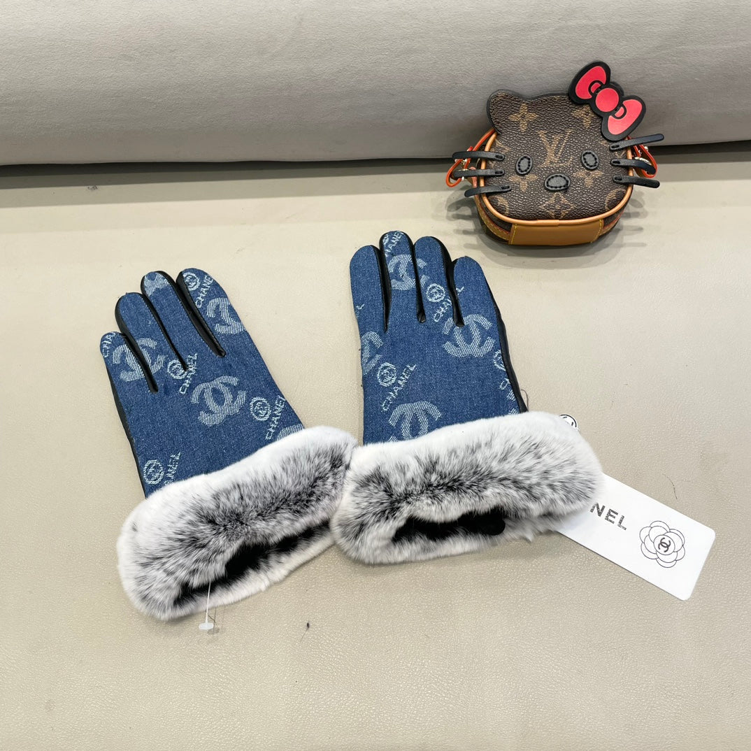 CHANEL GLOVES IN NAVY BLUE DENIM AND BLACK CALFSKIN 463798