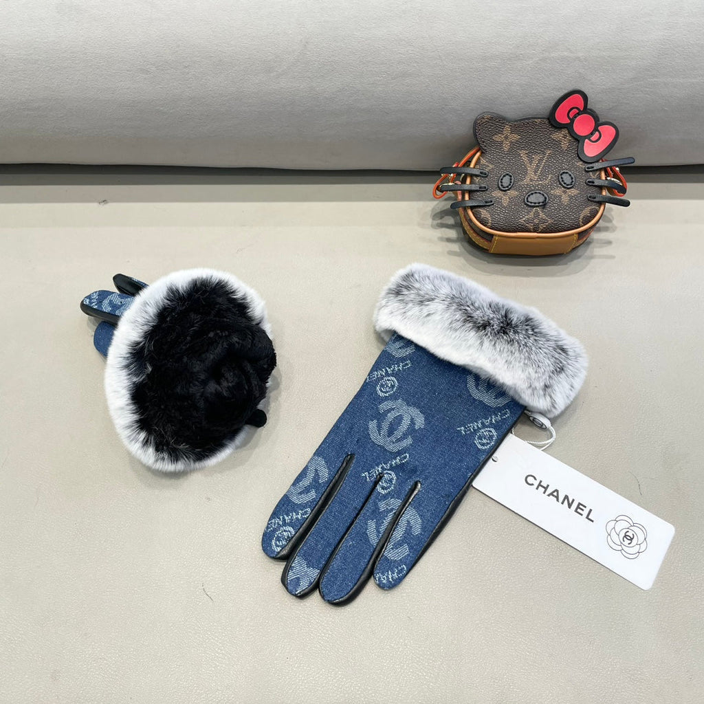 CHANEL GLOVES IN NAVY BLUE DENIM AND BLACK CALFSKIN 463798