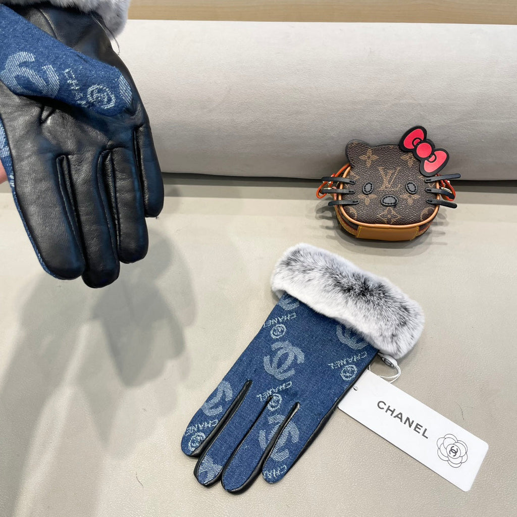 CHANEL GLOVES IN NAVY BLUE DENIM AND BLACK CALFSKIN 463798