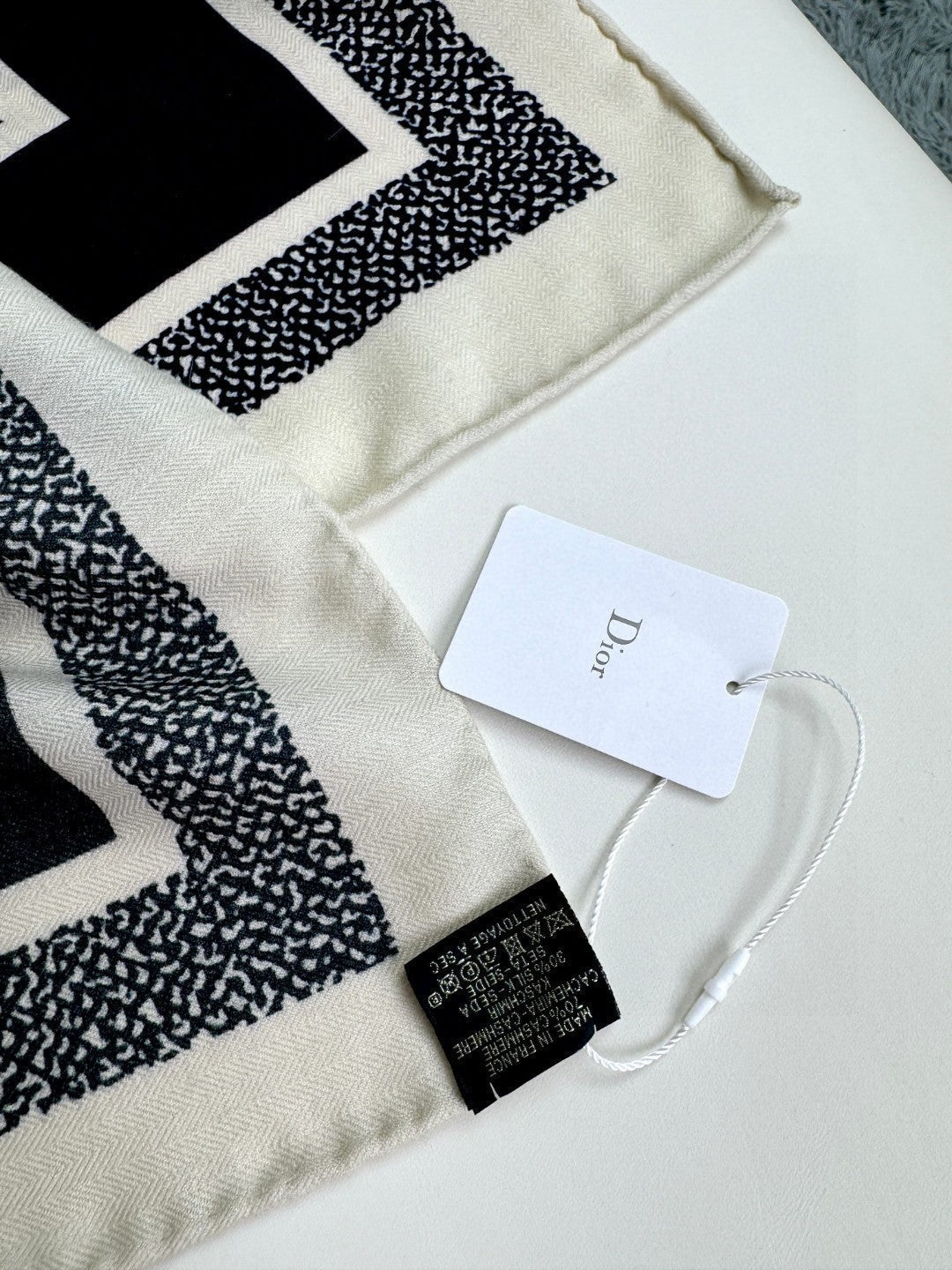 DIOR MONOGRAM SQUARE SCARF 140 CM IN BLACK MIX WHITE CASHMERE AND SILK 413742